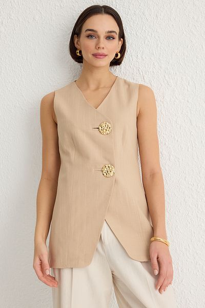 Trendyol Collection Beige Fitted Linen Effect Button V-Neck Woven Vest Twoss25Ye00025