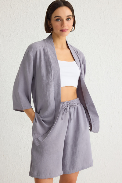 Trendyol Collection Oversize Gray Jacket and Shorts Set - Woven Twoss25Au00030