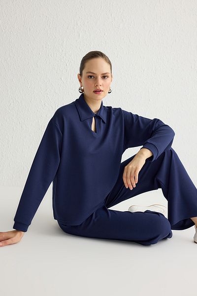 Trendyol Modest Navy Blue Crepe Knitted Bottom-Top Suit Tctss25Us00009