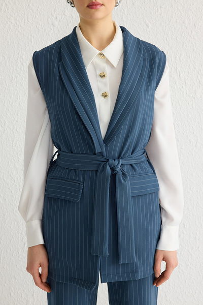 Trendyol Modest Navy Blue Fitted Finike Striped Woven Hijab Bottom-Top Suit Tctss25Us00006