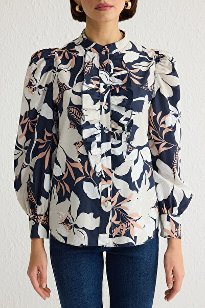 Trendyol Collection Темно-синя сорочка-сифон з квітковим візерунком і коміром-стійкою TWOAW22GO0117