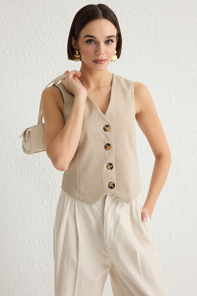 Trendyol Collection Beige Premium Buttoned Crop Vest - Twoaw24Ye00061