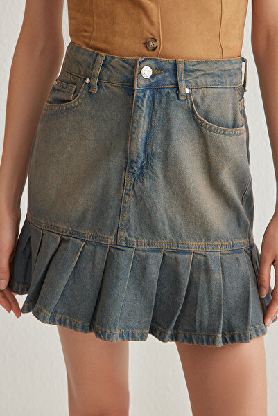 Trendyol Collection Blue Faded Effect Vintage Pleated Mini Denim Skater Skirt Twoss25Et00003