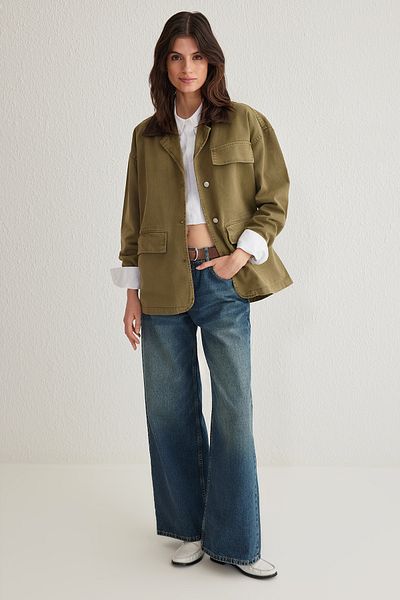 Trendyol Collection Oversize Khaki Denim Shirt - Ribbed Collar and Pocket Cover, Twoss25Ce00006