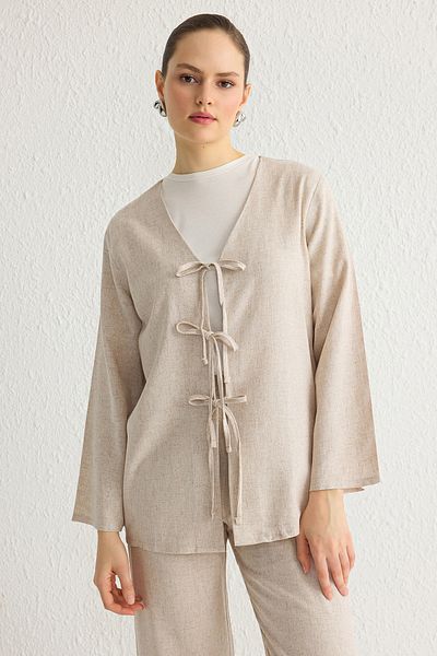 Trendyol Modest Beigefarbenes, mit Leinen gewebtes Hijab-Unterteil und Oberteil – TCTSS25US00002