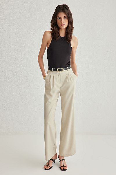 Trendyol Collection Beige Wide Leg Pleated Woven Trousers