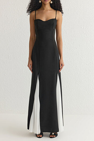 Trendyol Collection Detail černo-bílé šifonové sukně Dlouhé tkané večerní šaty Tprss25Ae00036