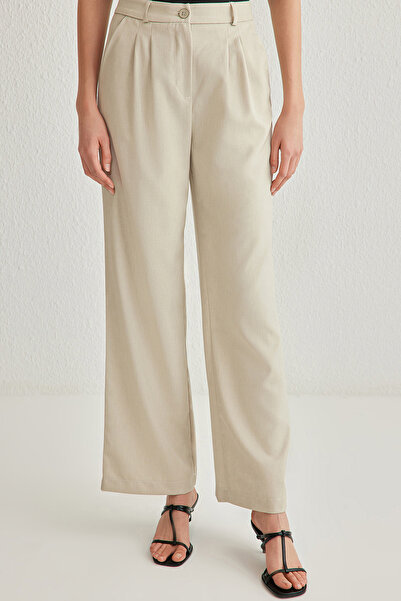 Trendyol Collection Bézs széles szárú redős szőtt nadrág