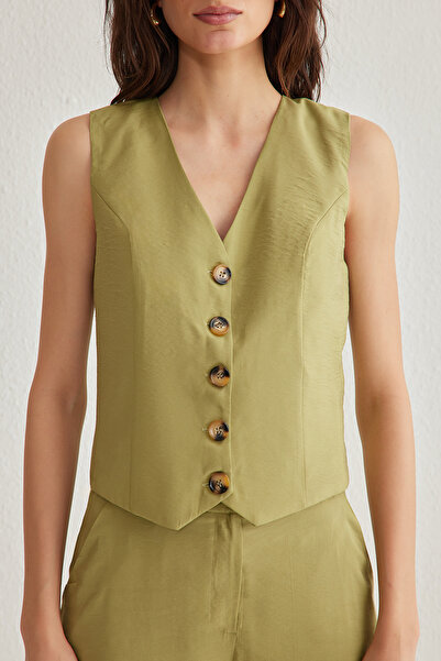 Trendyol Collection Oil Green Soft Tuexed Regular Vest Wide Leg Pants Woven Top and Bottom Suit Twoss25Au00027