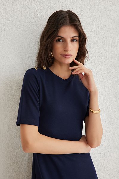 Trendyol Collection Μπλε Navy A Line/Μίντι πλεκτό φόρεμα με κουμπιά με λεπτομέρεια TWOSS25EL00089