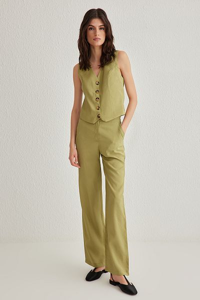 Trendyol Collection Oil Green Soft Tuexed Regular Vest Wide Leg Pants Woven Top and Bottom Suit Twoss25Au00027