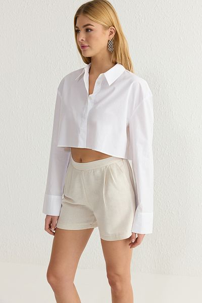 Trendyol Collection Μπεζ λινό ύφανση - Ελαστική πίσω μέση, φαρδύ σορτς μέχρι το γόνατο & βερμούδες TWOSS25SR00021