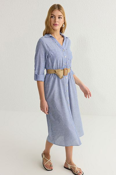 Trendyol Collection Rochie cămașă țesătă cu dungi midi cu centură albastră TWOSS25EL00063