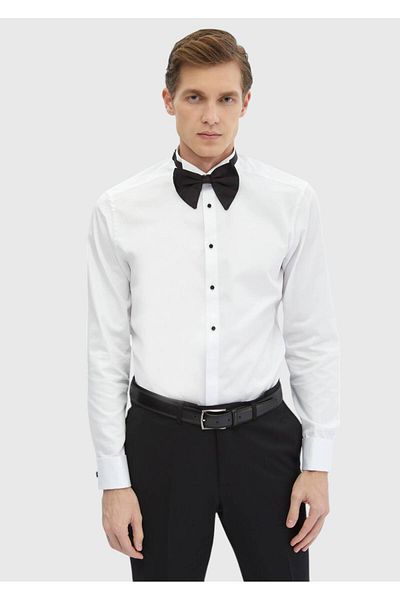 Ramsey Weißes, schlichtes Slim Fit Smokinghemd mit Kläppchenkragen und Doppelmanschette