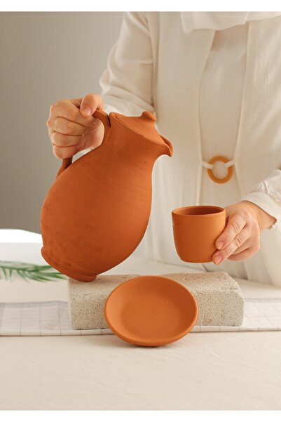 Toprak Ürünler Klasik El Yapımı Sırsız Toprak Sürahi Tabak Bardak Seti