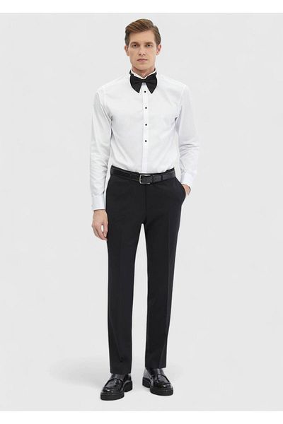 Ramsey Weißes, schlichtes Slim Fit Smokinghemd mit Kläppchenkragen und Doppelmanschette