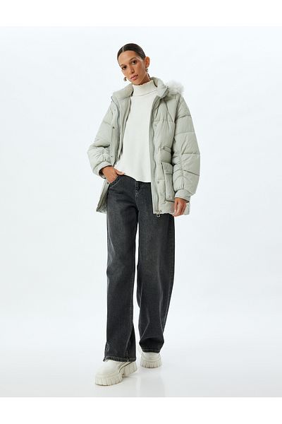 Koton Oversize Coat Hooded Collar Faux Fur Water Repellent Pocket Zippered