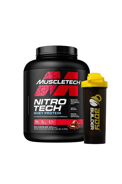 MUSCLETECH بروتين مصل اللبن نيترو تيك مع شوكولاتة الحليب 4 رطل + مشروب Body Builder