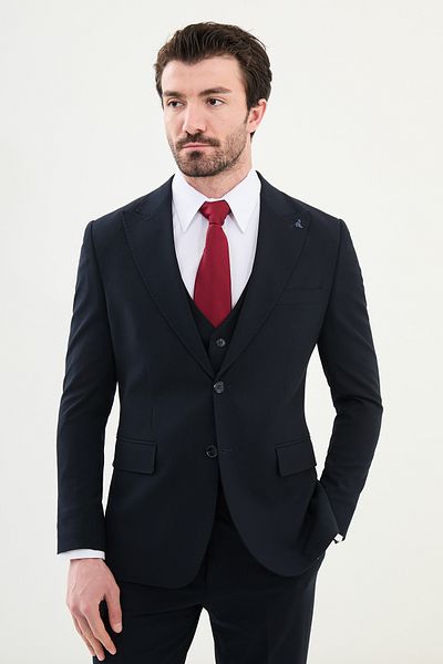Mcr Straight Slim Fit Mono Collar Classic Men's Suit Navy Blue - 45368.24K