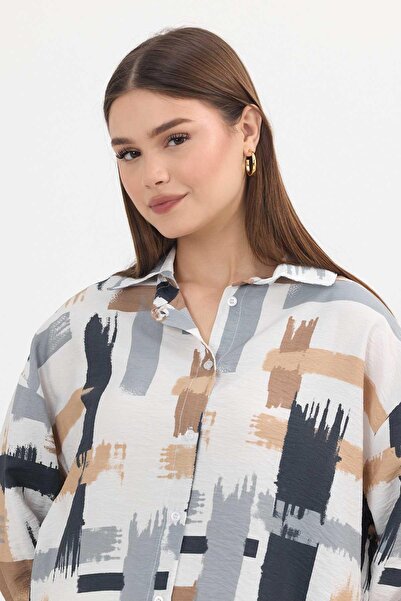 Rays 4369A Desenli Uzun Gömlek Gri