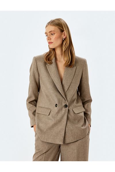 Koton Double Breasted Oversize Blazer Jacket with Flap Pocket Detail
