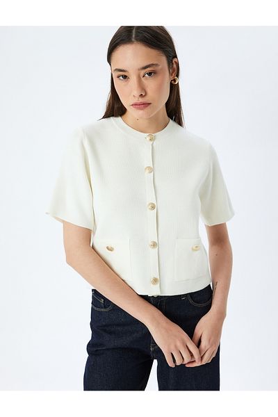 Koton Short Sleeve Crew Neck Pocket Detailed Buttoned Knitwear Cardigan