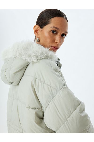 Koton Oversize Coat Hooded Collar Faux Fur Water Repellent Pocket Zippered