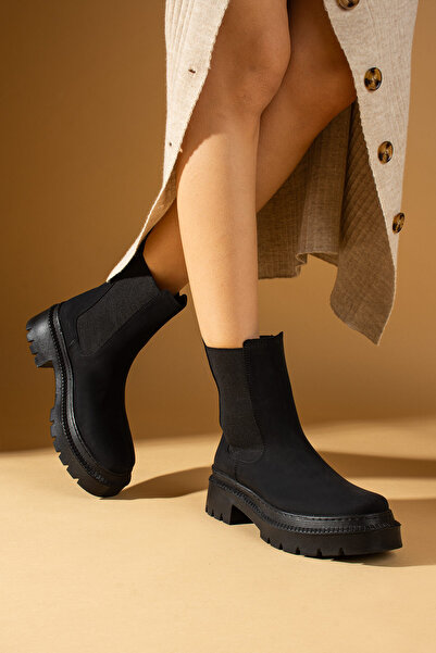 Pembe Potin Kadın Siyah Poli Taban Lastikli Günlük Rahat Kalıp İçi Sıcak Astarlı Bot