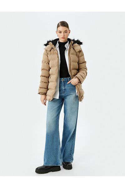 Koton Hooded Puffer Coat - Faux Fur with Pockets and Zipper