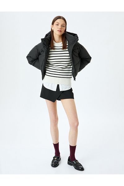 Koton Quilted Crop Puffer Jacket with Hooded Zippered Pocket Detail
