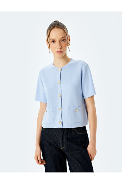 Koton Kısa Kollu Bisiklet Yaka Cep Detaylı Düğmeli Triko Hırka
