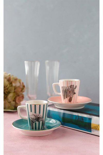 Porland Wild Life Zebra-elephant Coffee Set with Saucer 4 Pieces