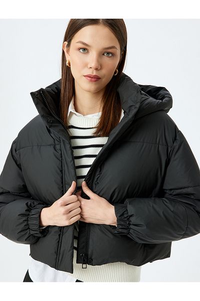 Koton Quilted Crop Puffer Jacket with Hooded Zippered Pocket Detail