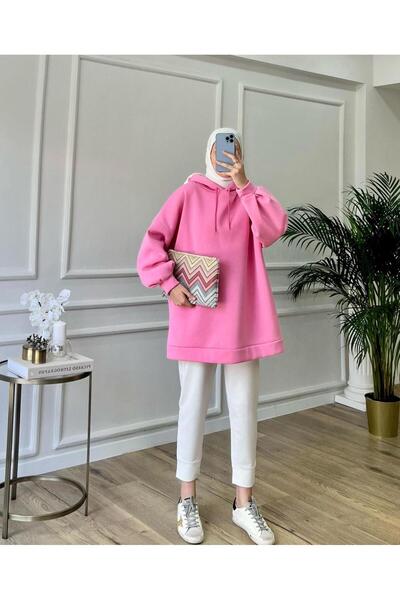 Genel Markalar Kadın Kapüşonlu Balon Kol 3 İplik Şardonlu Geniş Ve Bol Kalıp ...