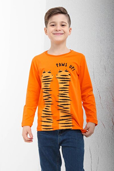 Perendi 100% Cotton Long Sleeve Paws up Printed Boys Tshirt Orange