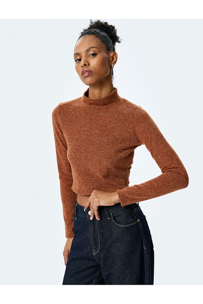 Koton Soft Textured Stand Collar Long Sleeve Crop T-Shirt