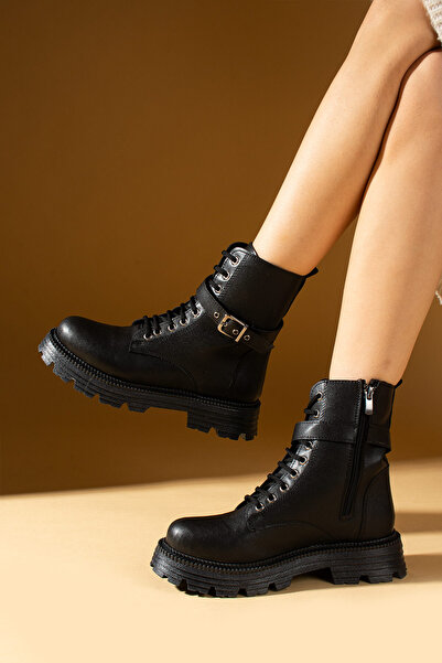 Pembe Potin Kadın Siyah Poli Taban Fermuarlı Günlük Rahat Kalıp İçi Sıcak Astarlı Bot Postal