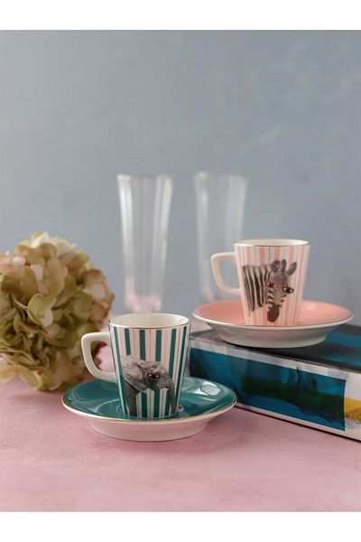 Porland Wild Life Zebra-elephant Coffee Set with Saucer 4 Pieces