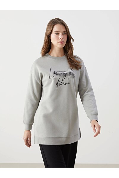 LC Waikiki LCW Modest Gri Bisiklet Yaka Baskılı Kadın Sweatshirt Tunik