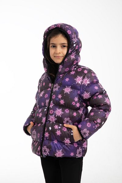 freemen Purple Print Fleece Snowflake - Girls, Waterproof and Windproof, Hooded and Pocketed Inflatable Winter Coat