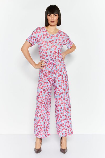 Wednesday's Girl جمبسوت نسائي قصير الأكمام بطبعة زهور وحزام، مجموعة وردية