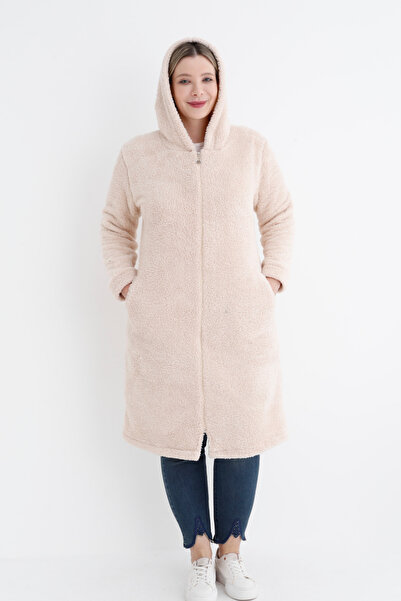 İntensive Women's Plus Size Long-Sleeved Pocket Hooded Plush Long Cardigan
