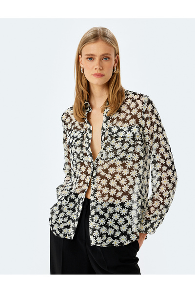 Koton Полупрозрачна огромна риза на цветя с дълъг ръкав и джоб
