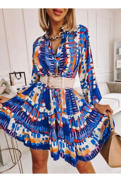 WellWay Περιλαμβάνεται Ottom Υφασμάτινο Φόρεμα Μπλε Ζώνη