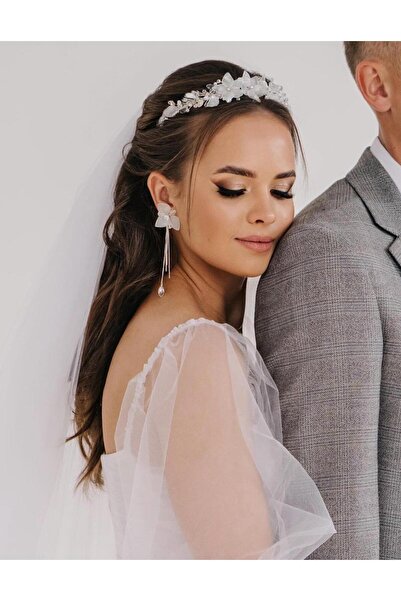 My'Elens Desing 2025 Parla Model Çiçekli ışıltı Model Gelin Saç Aksesuarı, Ge...