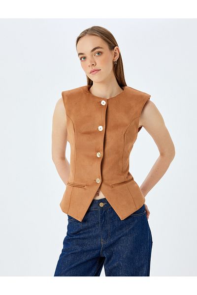 Koton Buttoned Fleto Pocket Crew Neck Slim Fit Vest