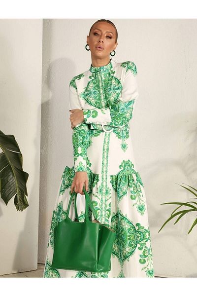 WellWay Rochie din stofă Atlas (curea inclusă) - verde NHN82
