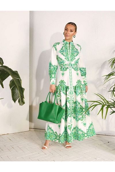 WellWay Rochie din stofă Atlas (curea inclusă) - verde NHN82