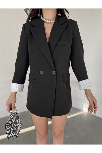 MYGİYİMİSTANBUL Jachetă Blazer Femei-Detaliu cu nasturi Căptușeală interioară în dungi Blazer