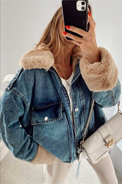 Mevalina Kadın Beyaz Kürklü Denim Kot Ceket Mont
